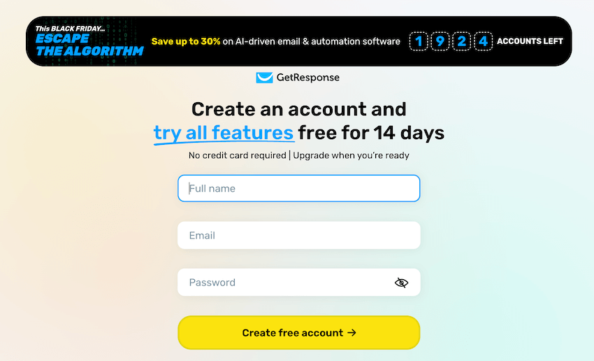 getresponse black friday deal signup process