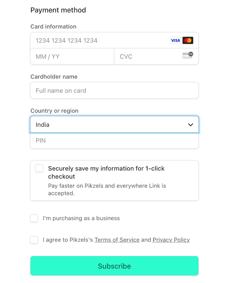 enter payment details to purchase pikzels ai with discount