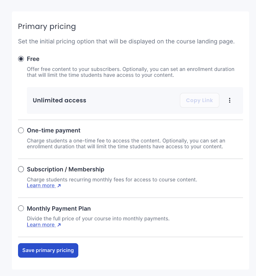 course pricing types options available inside thinkific