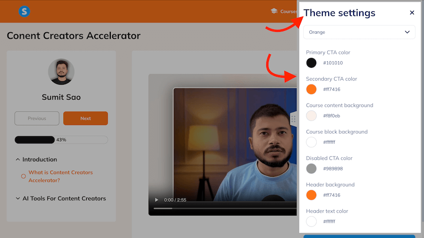 cutomize course appearance according to your brand color in systeme io