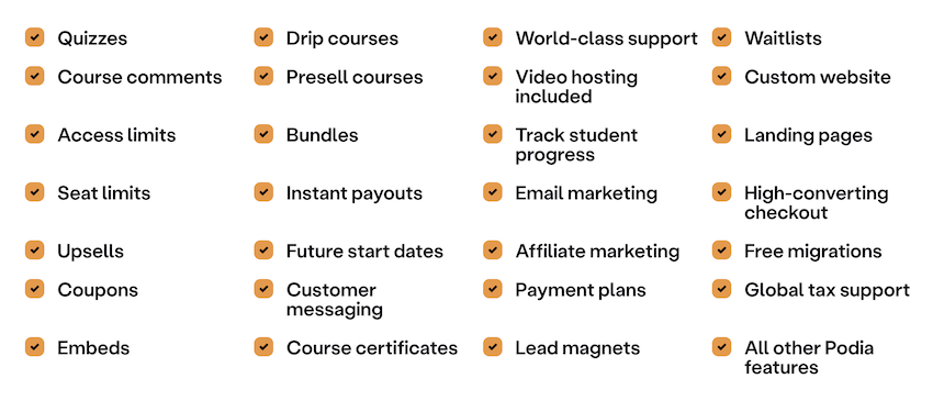 podia has tone of features for course creators