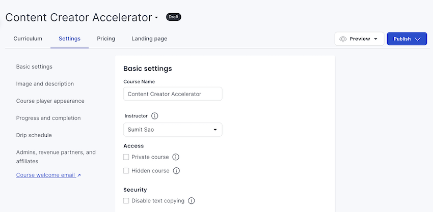thinkific course basic settings