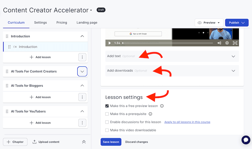 thinkific lesson additional settings add text file and make free preview lesson