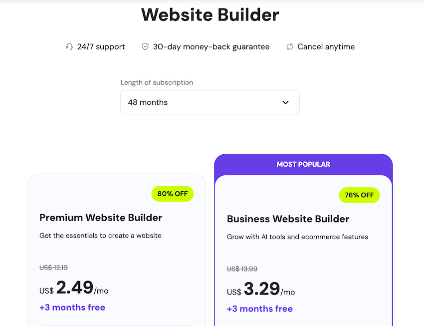 hostinger website builder black friday pricing
