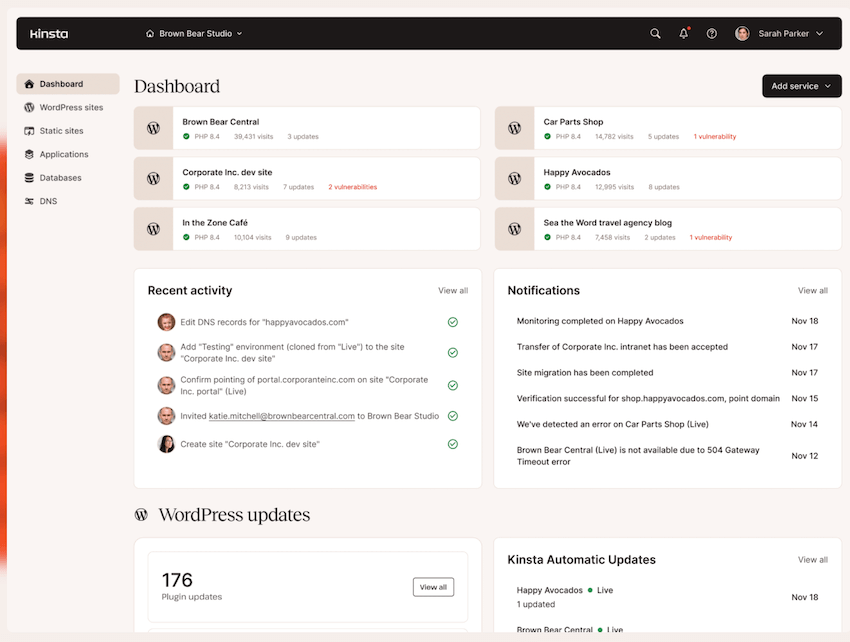 kinsta hosting dashboard