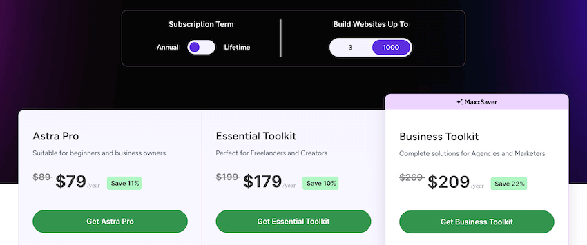 astra theme black friday annual pricing for 1000 sites