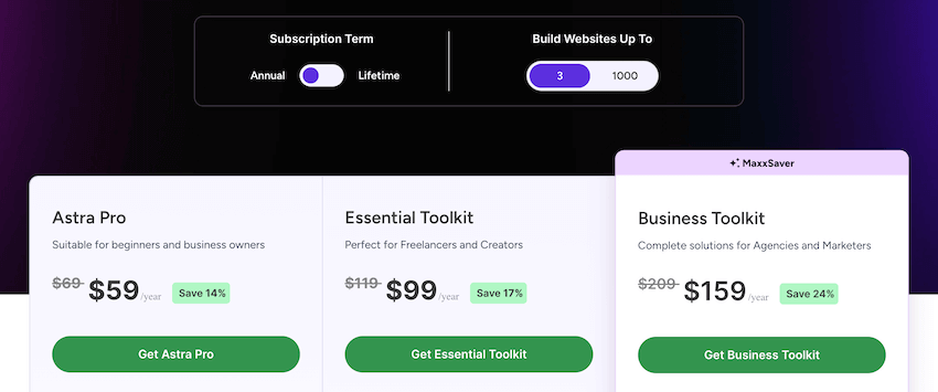 astra theme black friday annual pricing for 3 sites