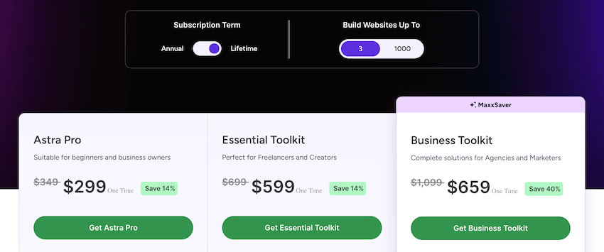 astra theme black friday lifetime pricing for 3 sites