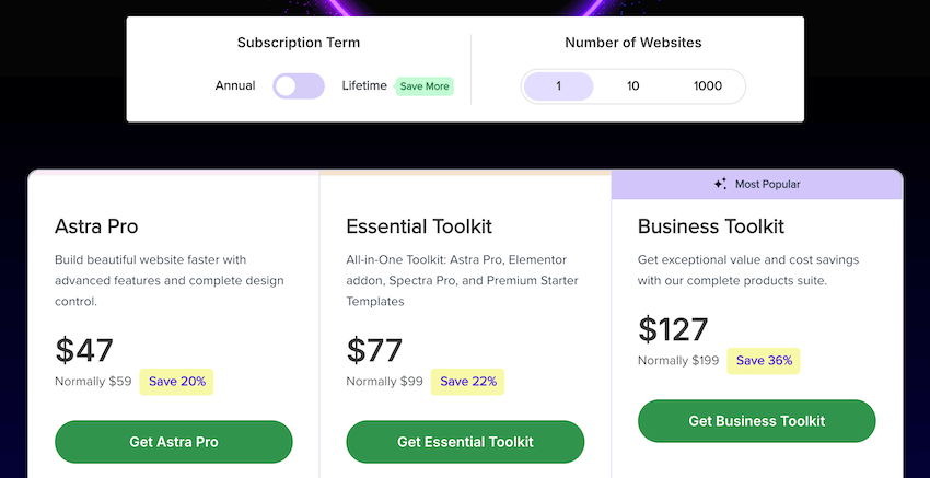 astra theme 1 site annual black friday pricing
