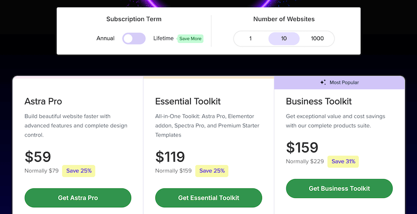 astra theme 10 sites annual black friday pricing