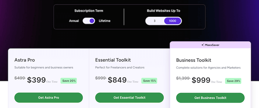 astra theme black friday lifetime pricing for 1000 sites