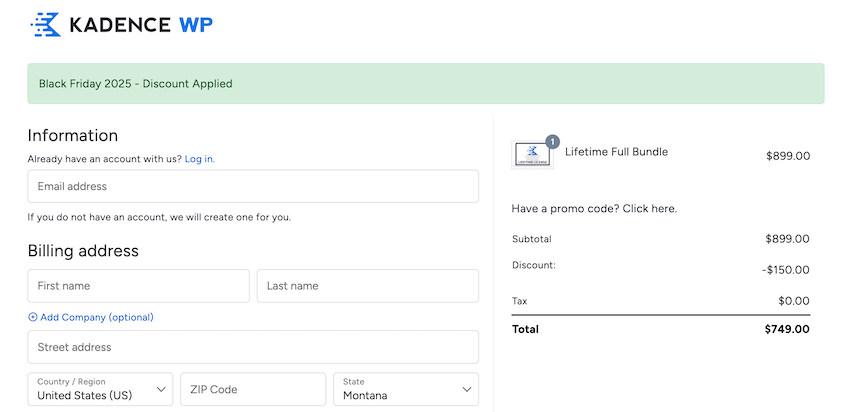 kadence black friday checkout page discount auto applied