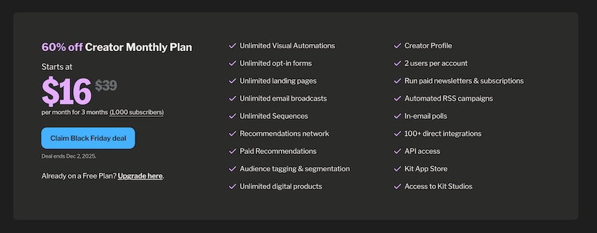 kit aka convertkit black friday deal on creator monthly plan