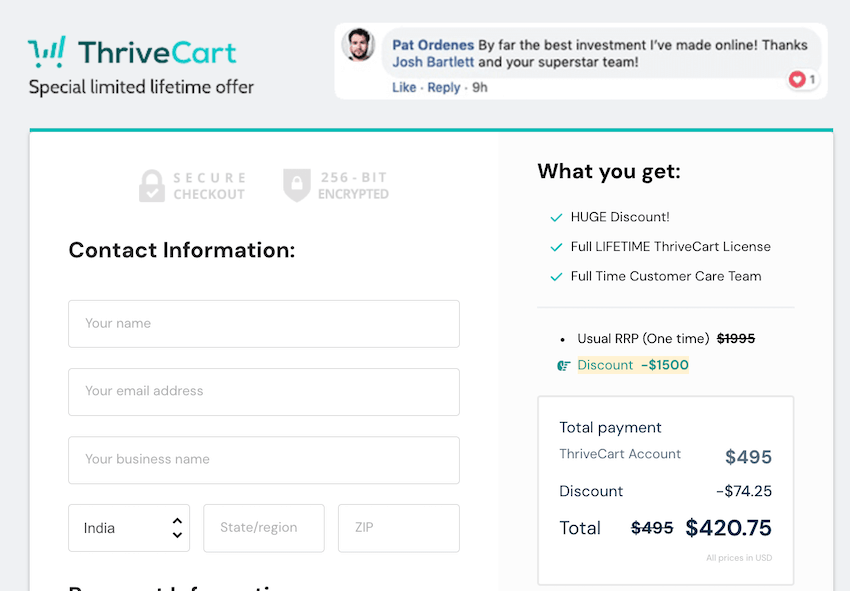 thrivecart black friday checkout page automatic discount